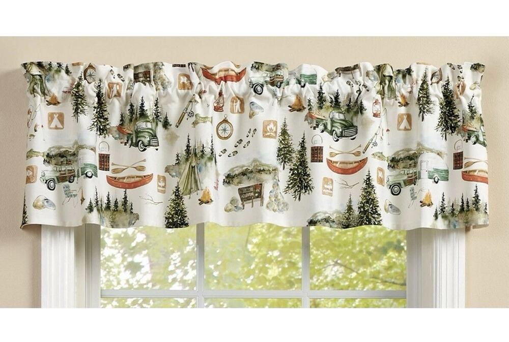 NEW CAMPING WINDOW VALANCE 14” x 60" Trees Camper Canoe Tent Rustic Fishing